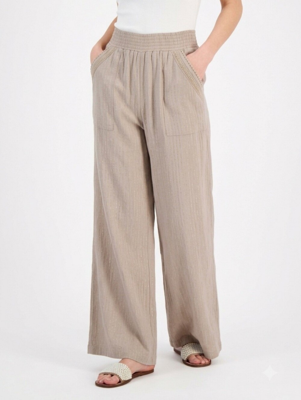 INC International Concepts Metallic Stripe Wide Leg Pants Beige Tan L NWT